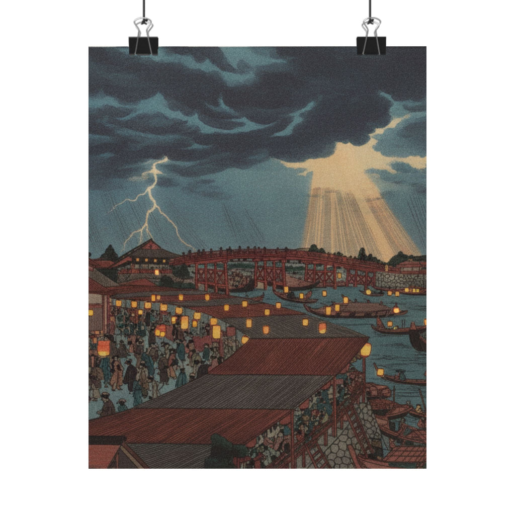 Dramatic Storm — Landscape; Showing Water Festival With Lanterns — Matte Poster