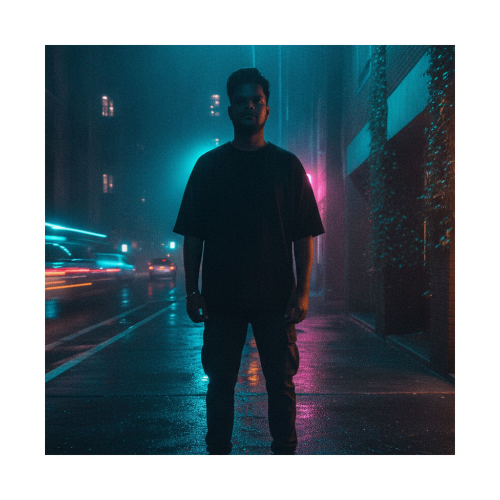 Rainy Neon City Street Silhouette Teal Pink Matte Poster