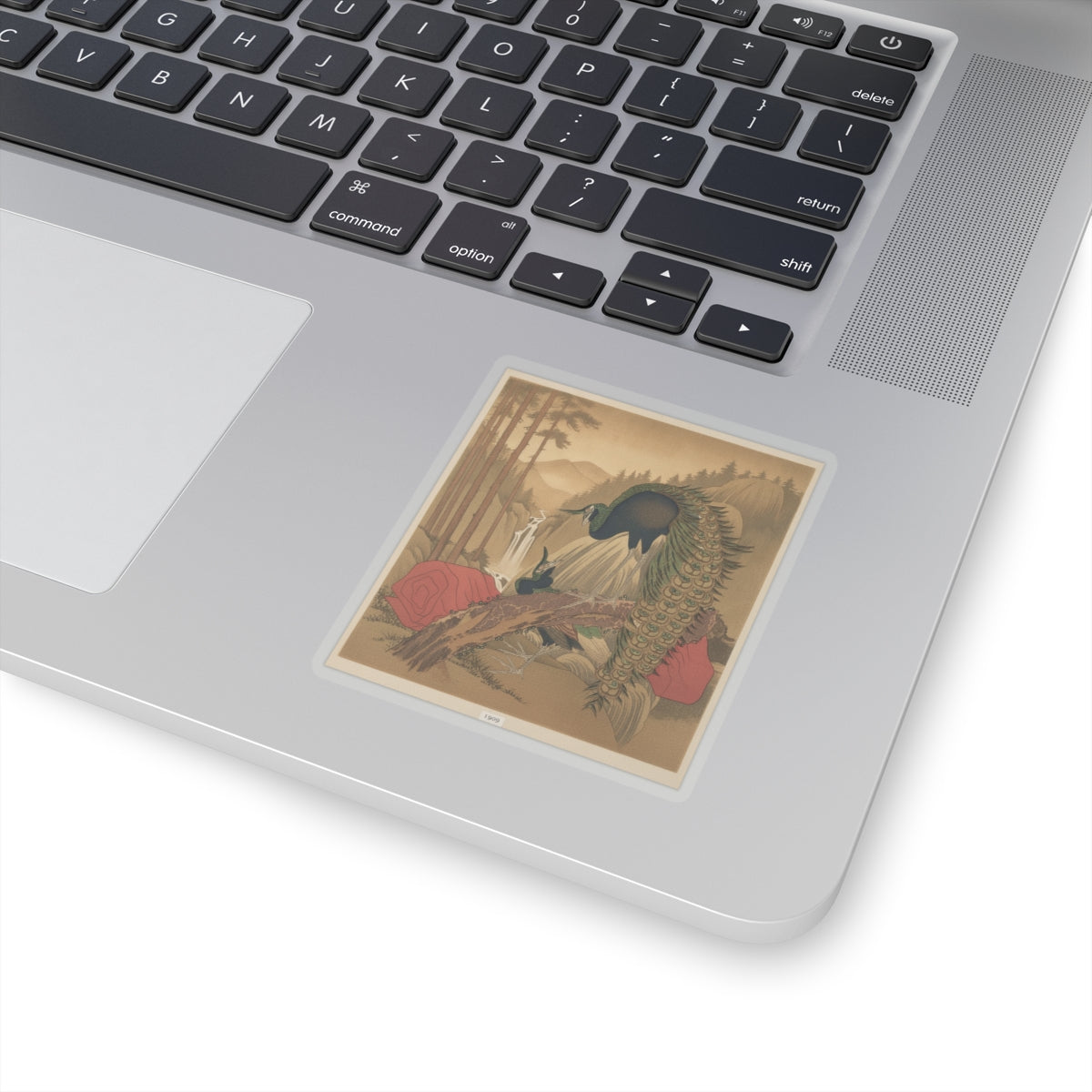 Scenic Nature — Painting Of Peacocks, Pines, A Waterfall, And A Roll Of Red Fabric — Kiss-Cut Sticker