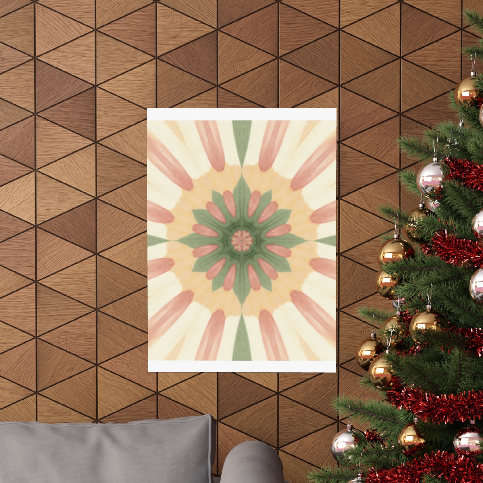 Peach and Sage Floral Kaleidoscope Mandala Poster