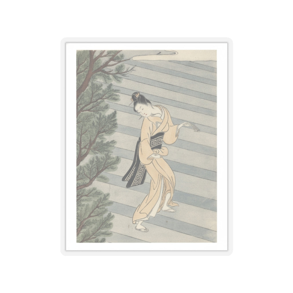 Watercolor — Young Woman Climbing Stone Stairs To A Shinto Temple — Kiss-Cut Sticker