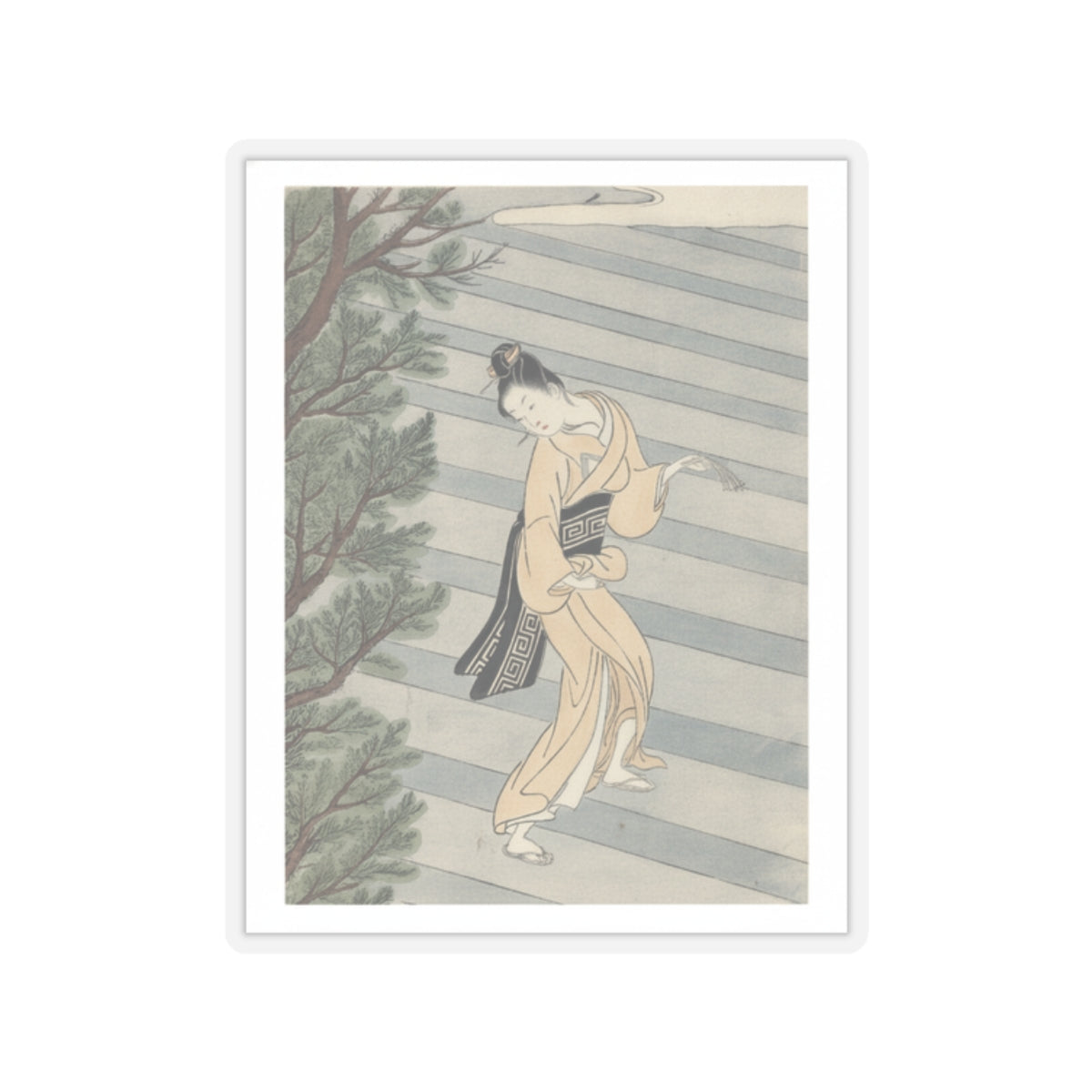 Watercolor — Young Woman Climbing Stone Stairs To A Shinto Temple — Kiss-Cut Sticker
