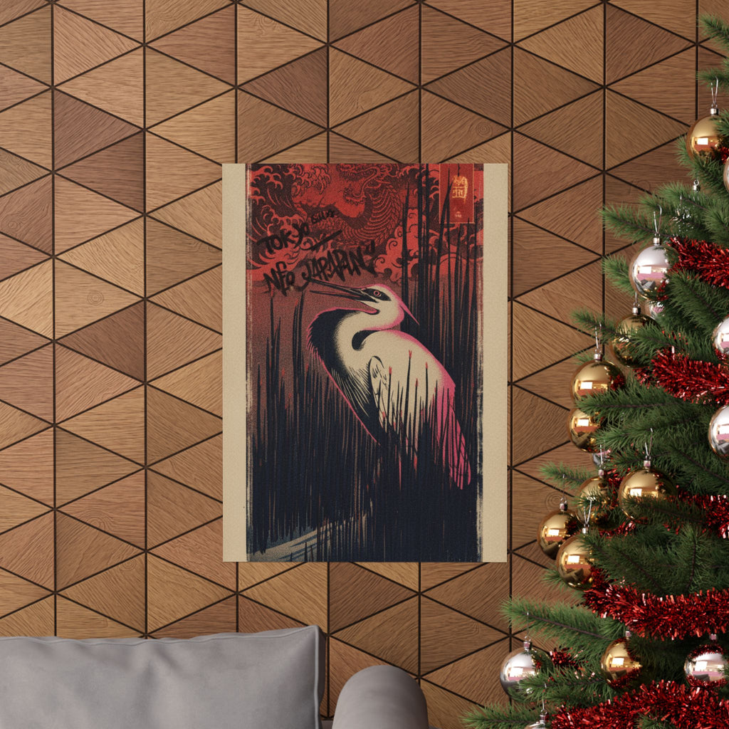 Japanese Street — White Heron Standing Among Reeds — Matte Poster