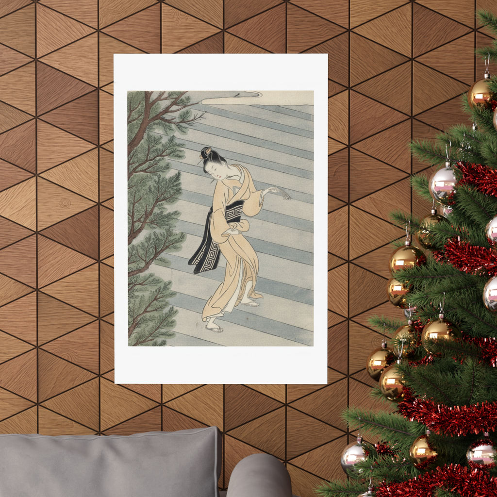 Watercolor — Young Woman Climbing Stone Stairs To A Shinto Temple — Matte Poster