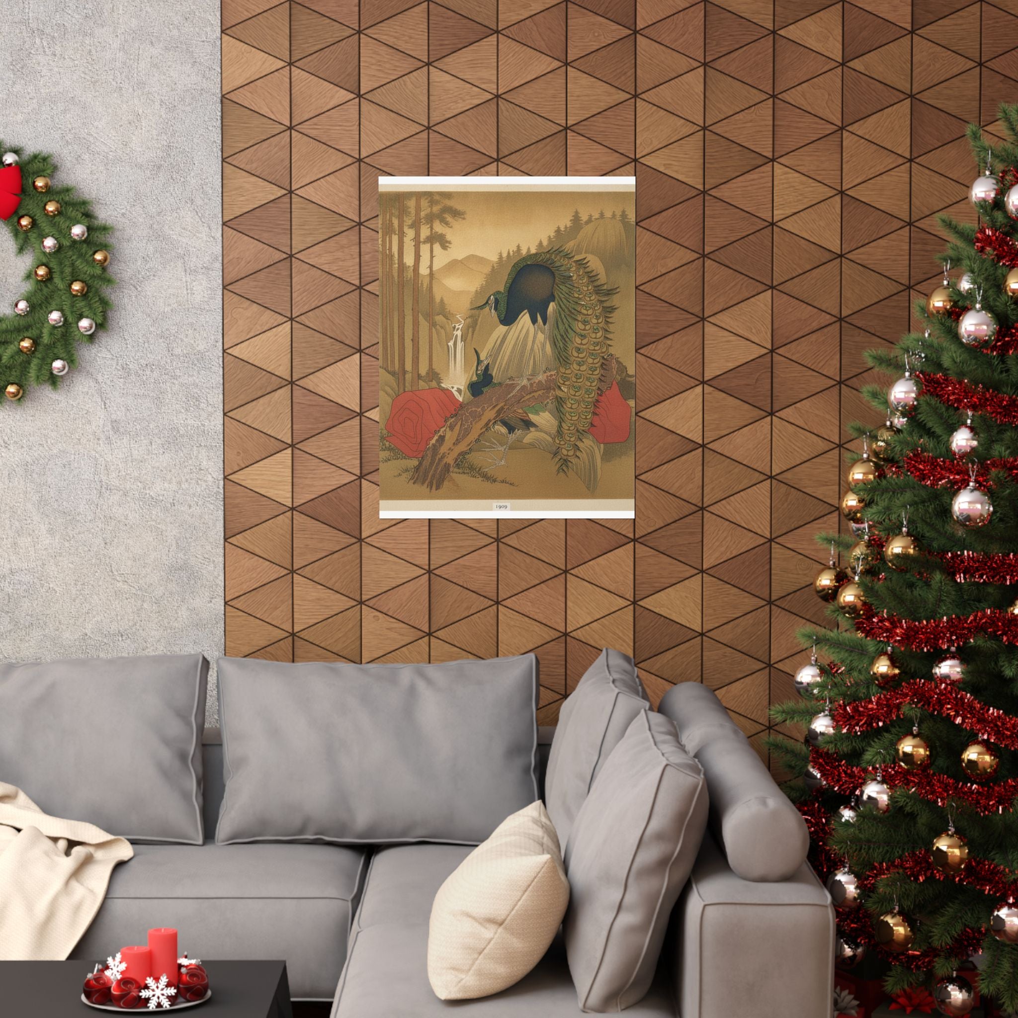 Scenic Nature — Painting Of Peacocks, Pines, A Waterfall, And A Roll Of Red Fabric — Matte Poster