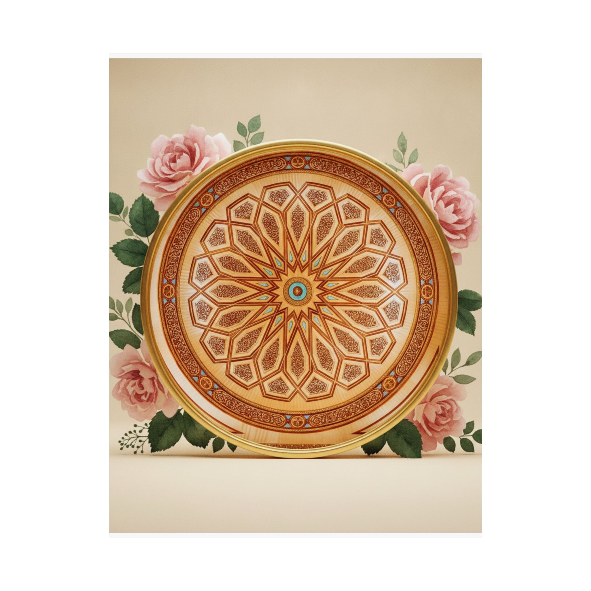 Gilded Moroccan Medallion and Pink Roses Art Poster