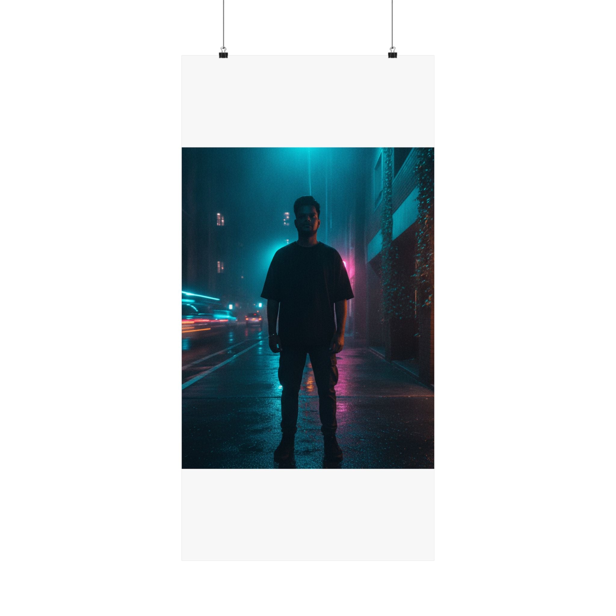 Rainy Neon City Street Silhouette Teal Pink Matte Poster