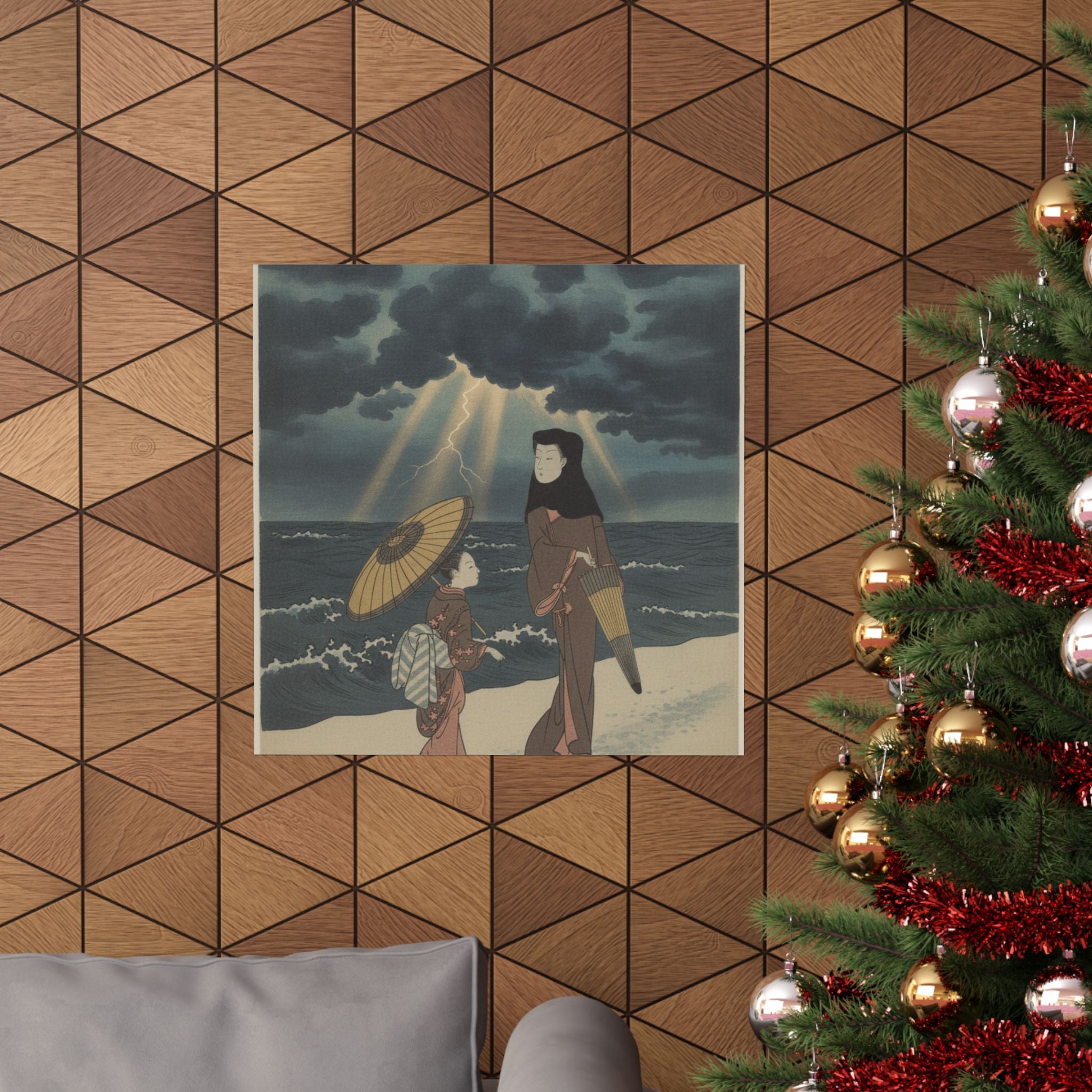 Dramatic Storm — Lady With Black Hood And Umbrella Out Walking With Young Attendant — Matte Poster