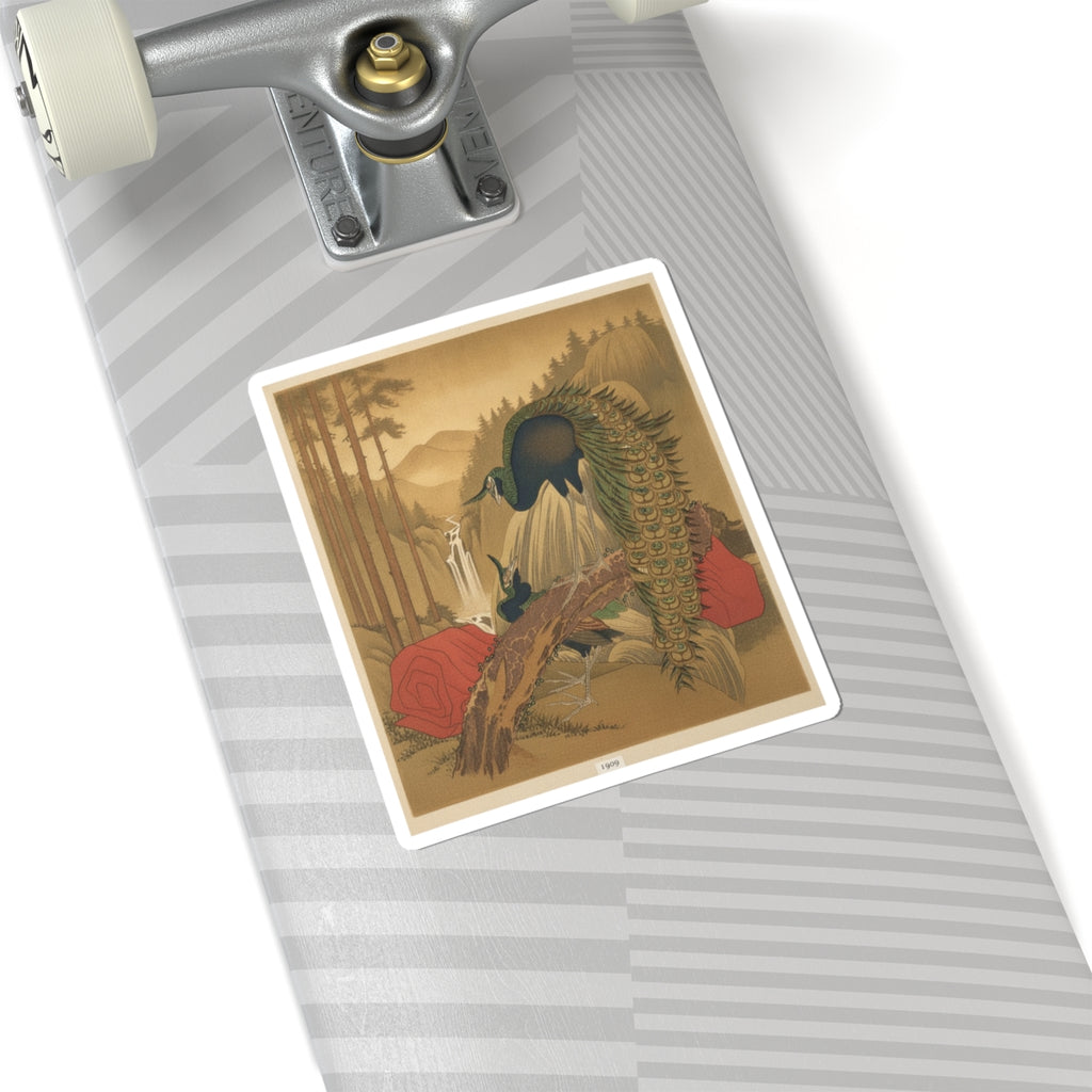 Scenic Nature — Painting Of Peacocks, Pines, A Waterfall, And A Roll Of Red Fabric — Kiss-Cut Sticker