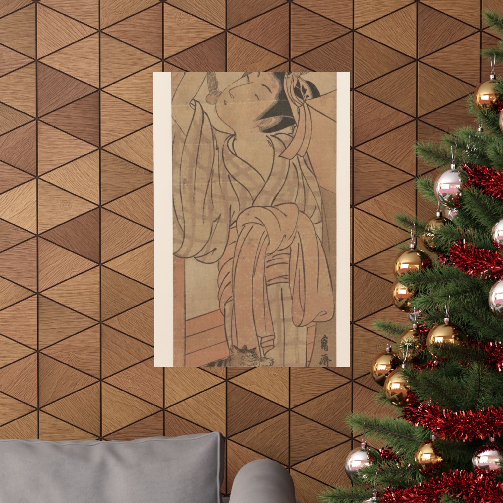Ecommerce Main — Young Lady Toying With The Tassel Of Her Bed–Net While A Cat Plays At Her Feet — Matte Poster