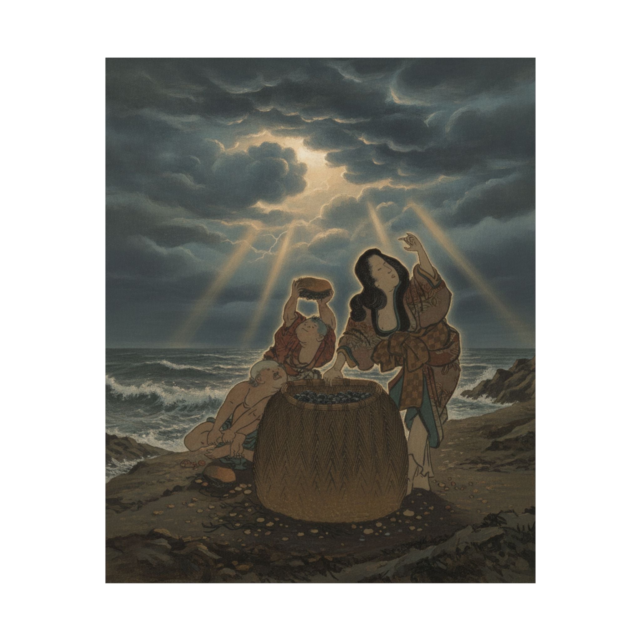 Dramatic Storm — Fisherwoman With A Basket And Two Boys — Matte Poster