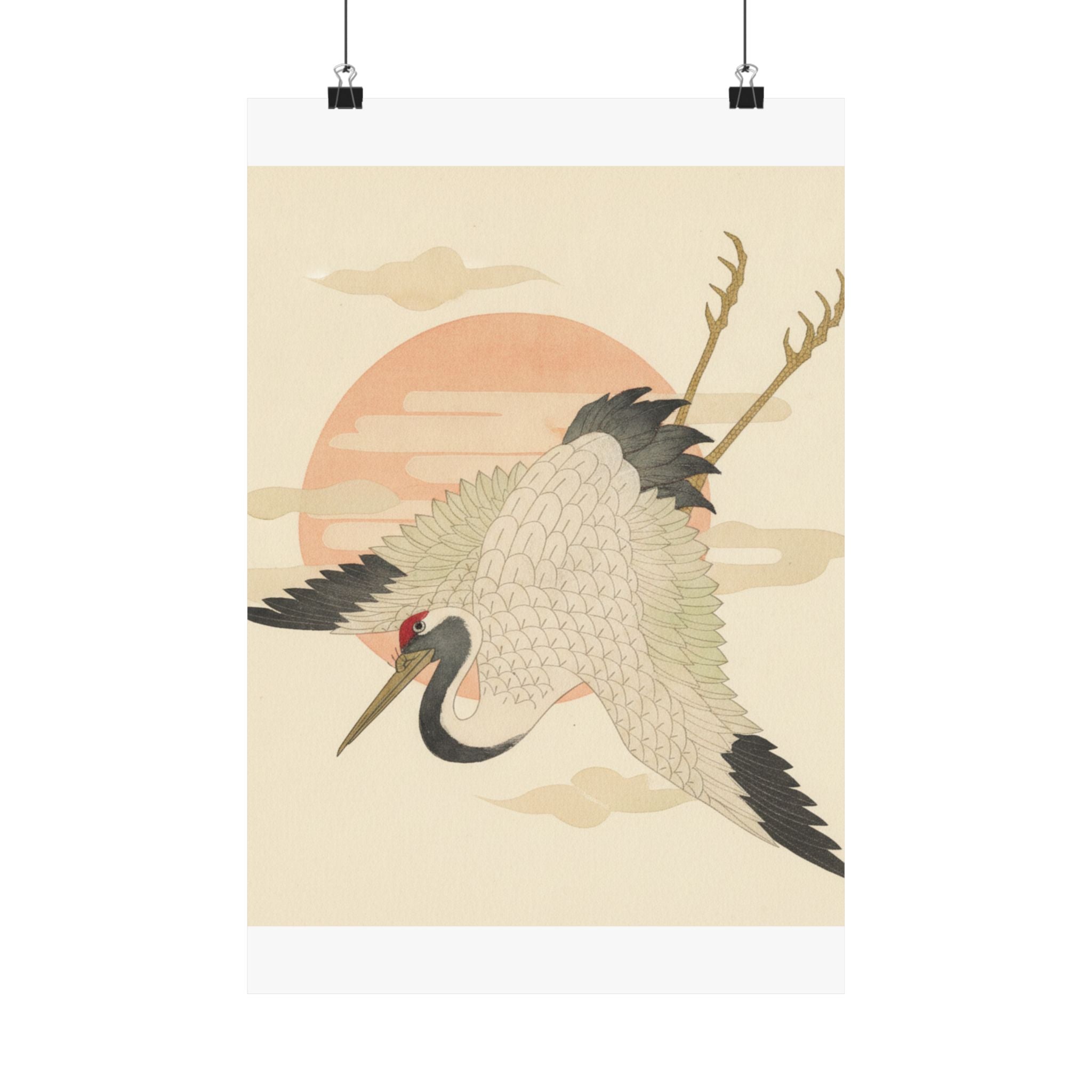 Botanical — White Crane Flying Across The Sun'S Disc — Matte Poster
