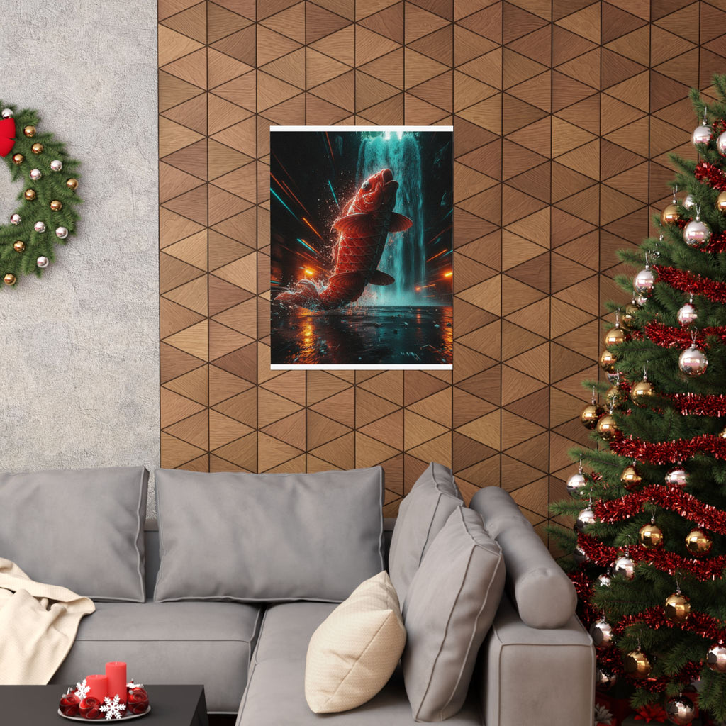 Fast Furious — Red Carp Ascending A Waterfall — Matte Poster