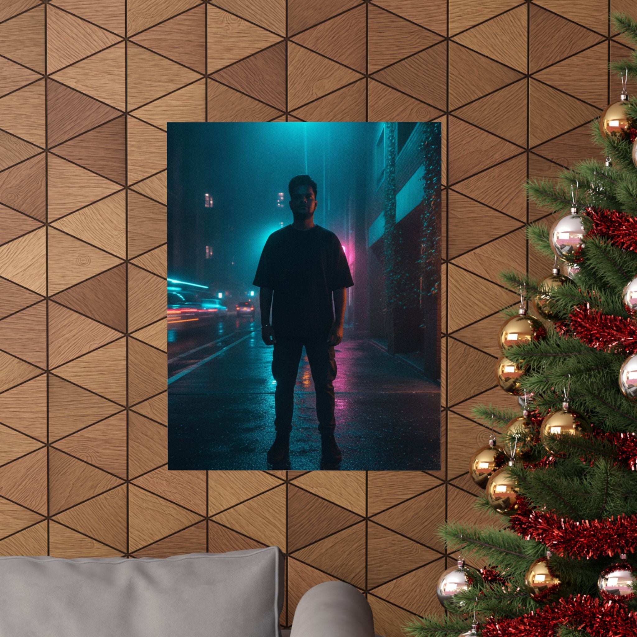 Rainy Neon City Street Silhouette Teal Pink Matte Poster