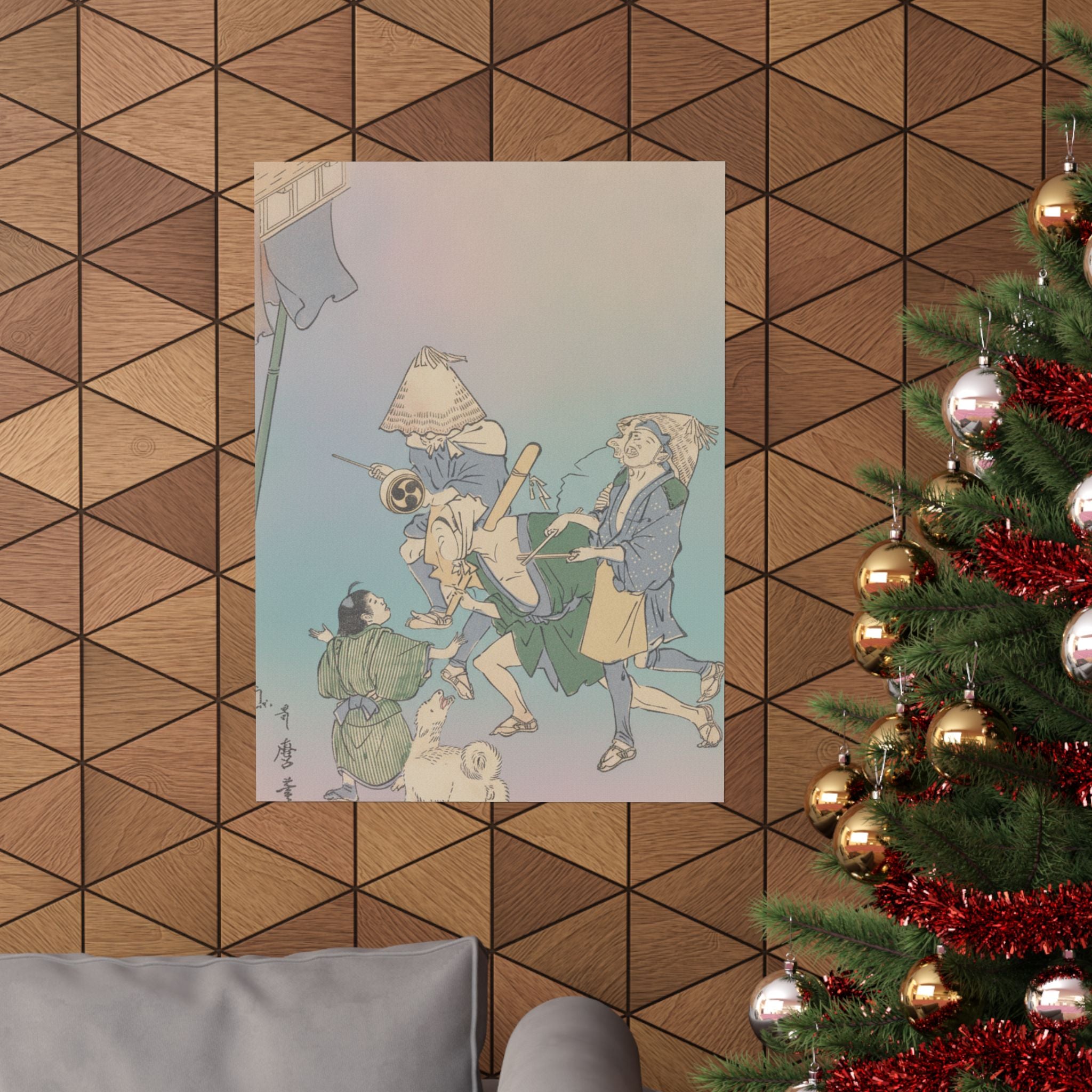 Affirmation — Three Revelers Of The Lower Classes, Wearing Komuso Hats, With Small Boy And Dog — Matte Poster