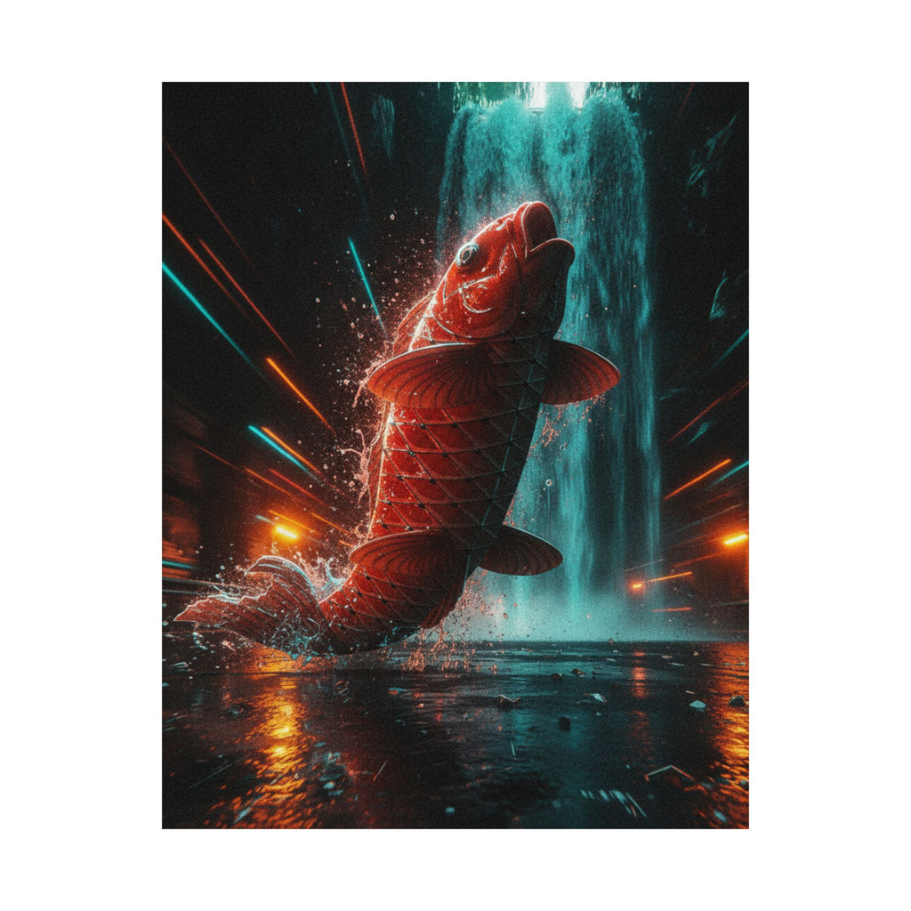 Fast Furious — Red Carp Ascending A Waterfall — Matte Poster