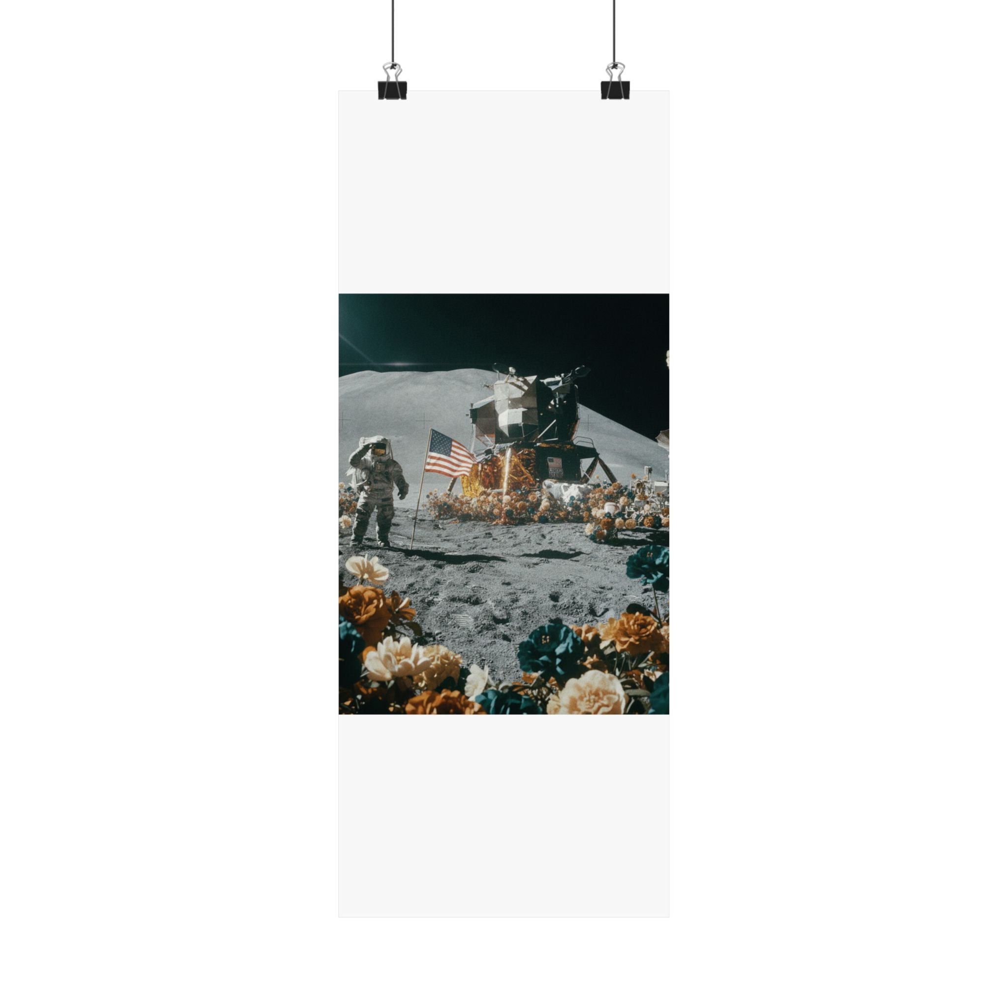 Astronaut Moon Landing in Bloom Surreal Space Poster