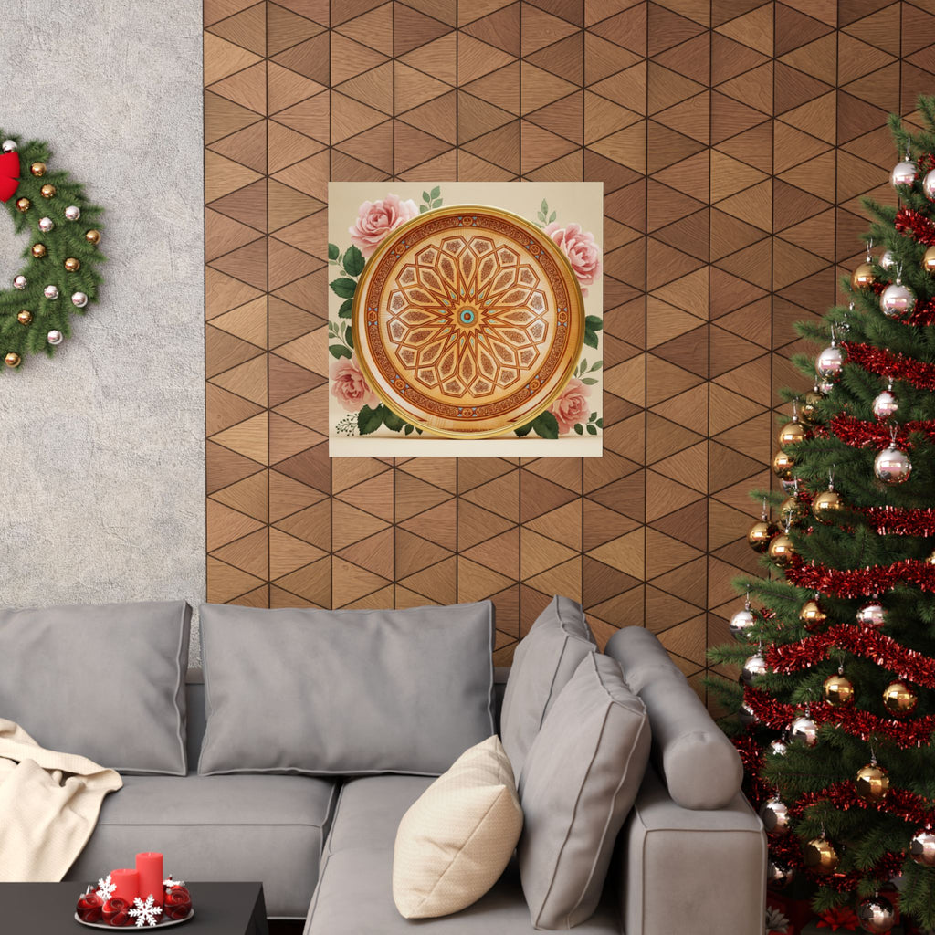 Gilded Moroccan Medallion and Pink Roses Art Poster