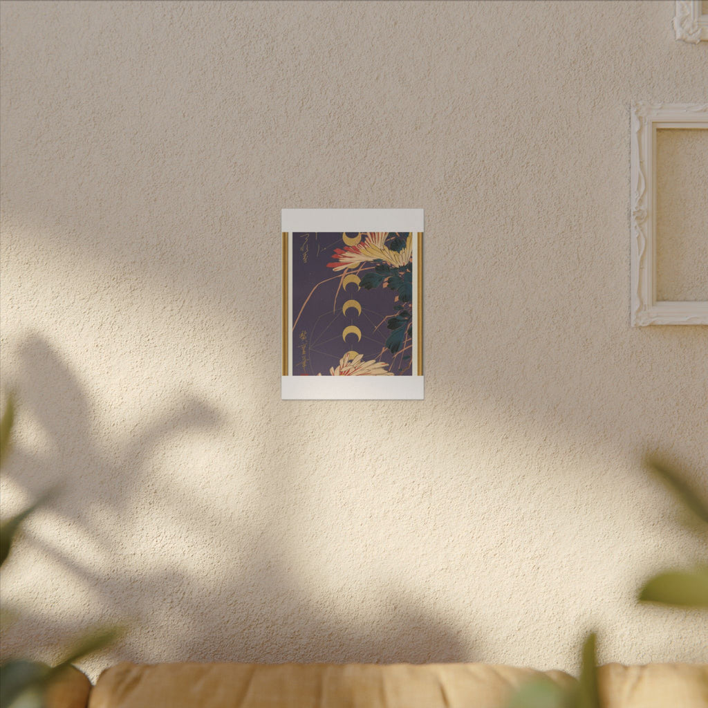 Chrysanthemum and Gold Moon Phases Woodblock Matte Canvas