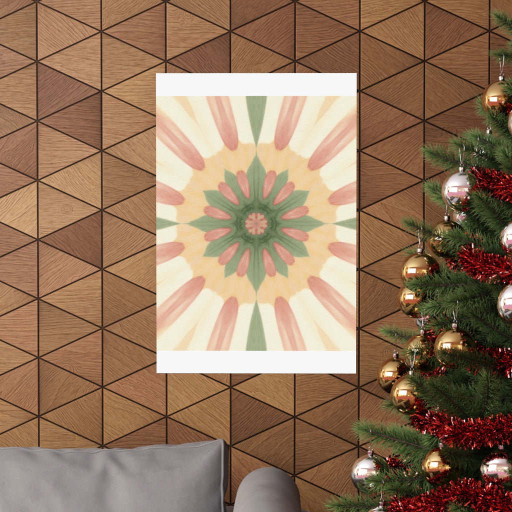Peach and Sage Floral Kaleidoscope Mandala Poster