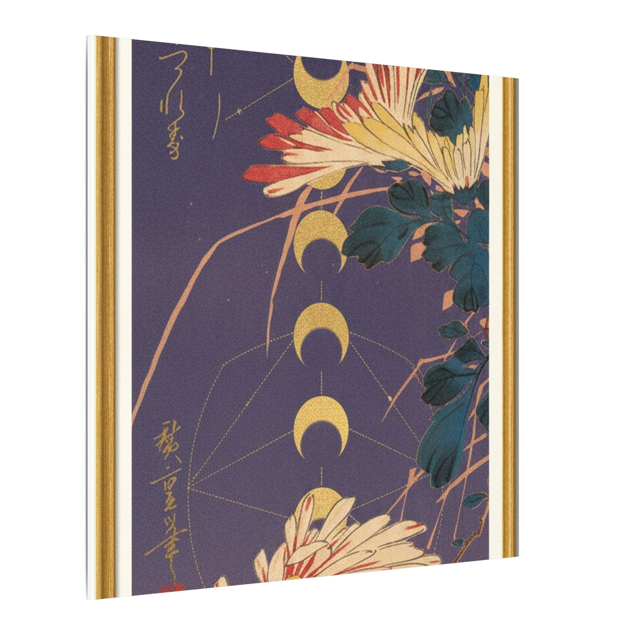 Chrysanthemum and Gold Moon Phases Woodblock Matte Canvas