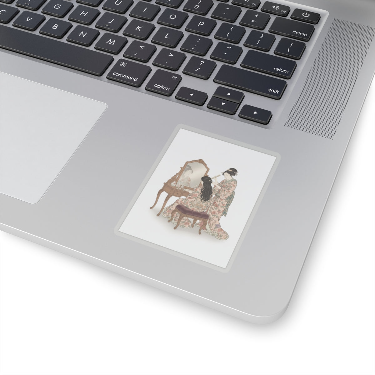 Ecommerce Main — A Woman At Her Toilet Seated Before A Mirror, Having Her Hair Combed By A Kameyu — Kiss-Cut Sticker