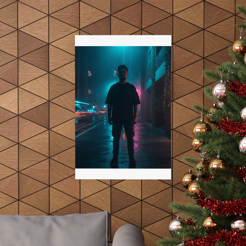 Rainy Neon City Street Silhouette Teal Pink Matte Poster