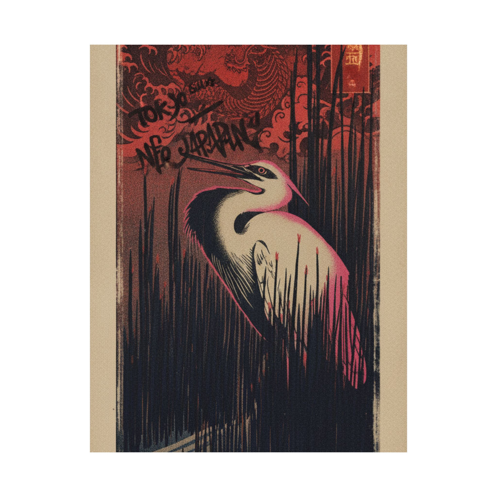 Japanese Street — White Heron Standing Among Reeds — Matte Poster