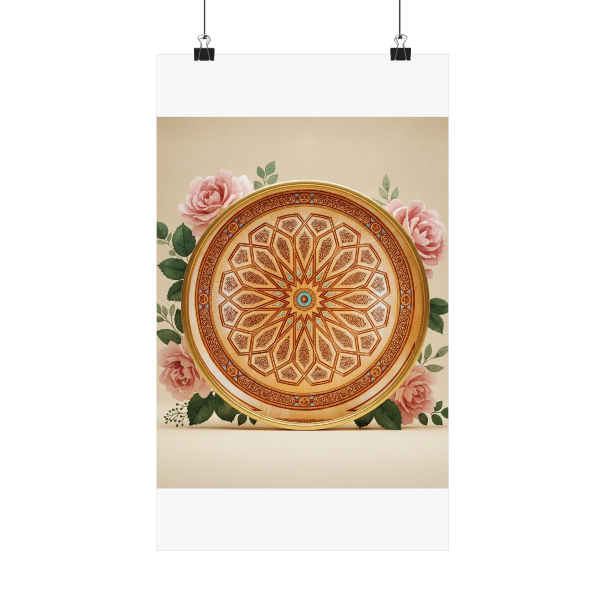 Gilded Moroccan Medallion and Pink Roses Art Poster