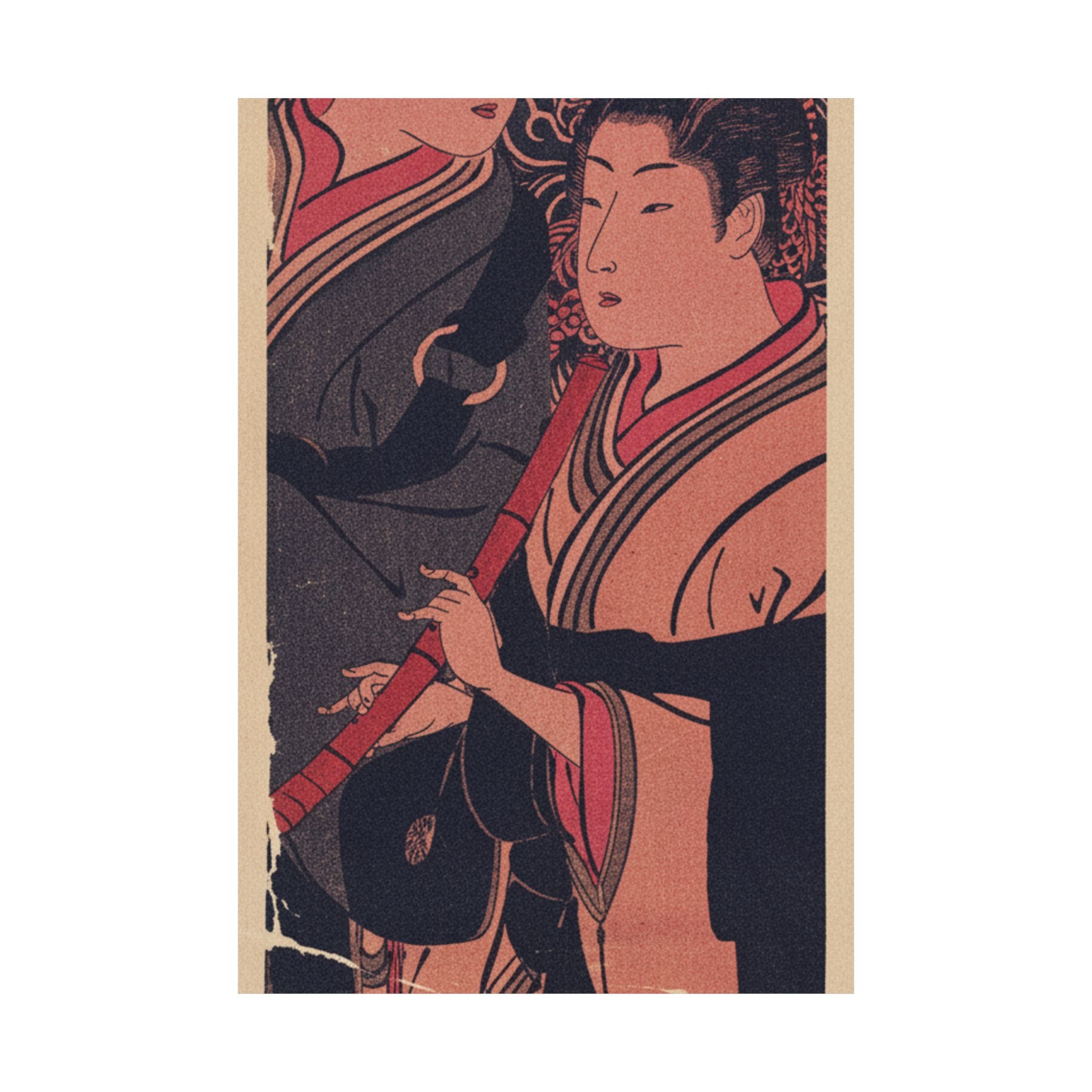 Japanese Street — Two Men, One Playing A Flute — Matte Poster