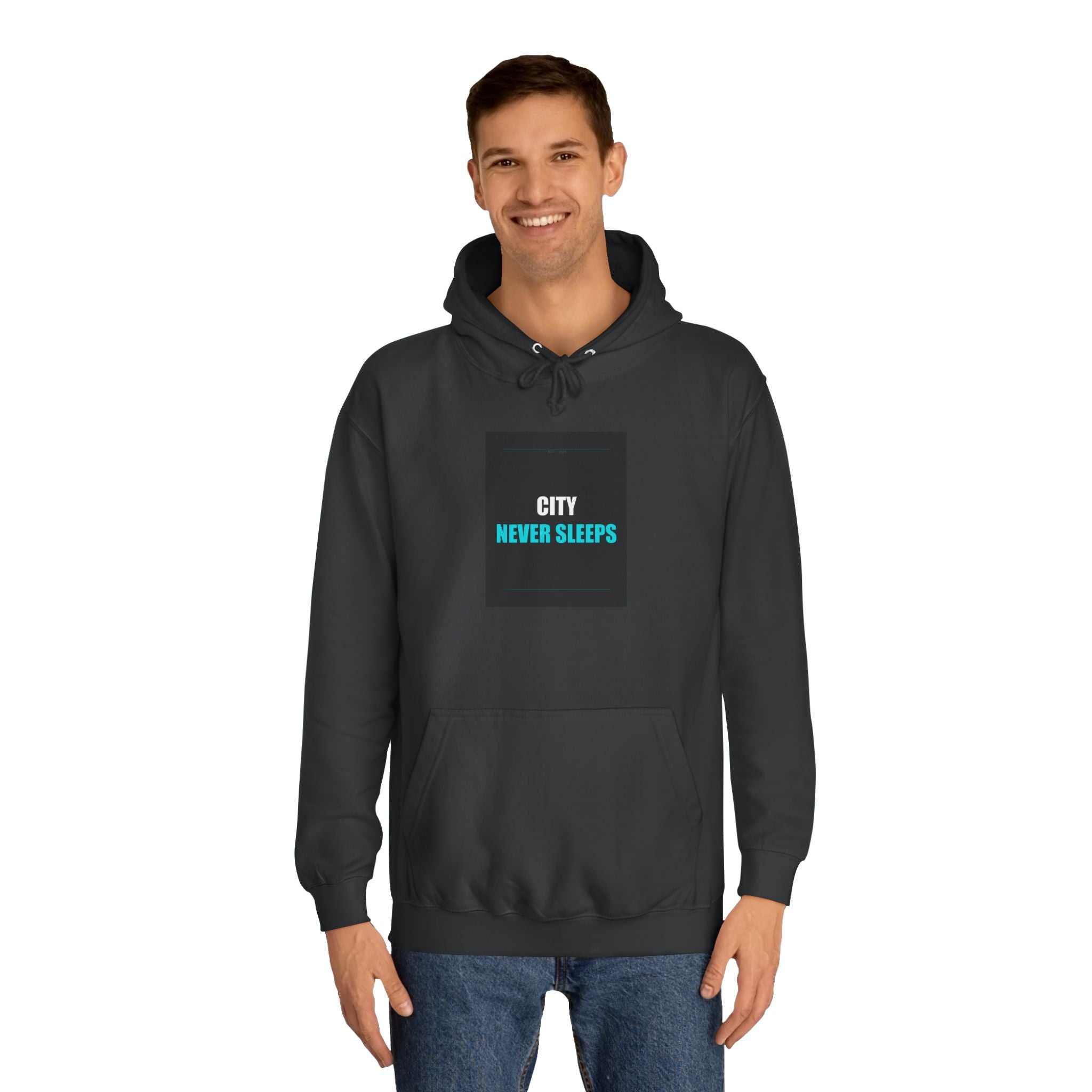 CITY NEVER SLEEPS Cyan Slogan Print Pullover Hoodie