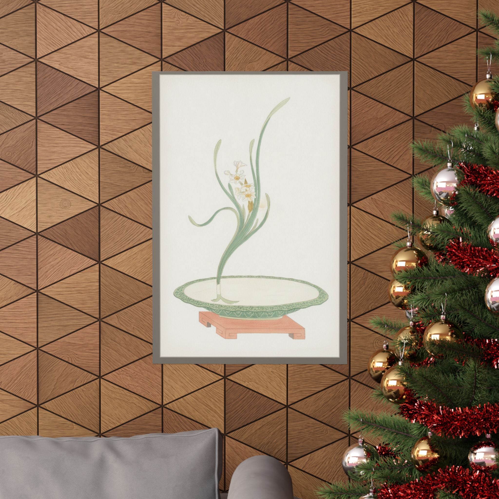 Watercolor — Flower Arrangement Of Suisen (Narcissus) In A Flat Green Dish — Matte Poster