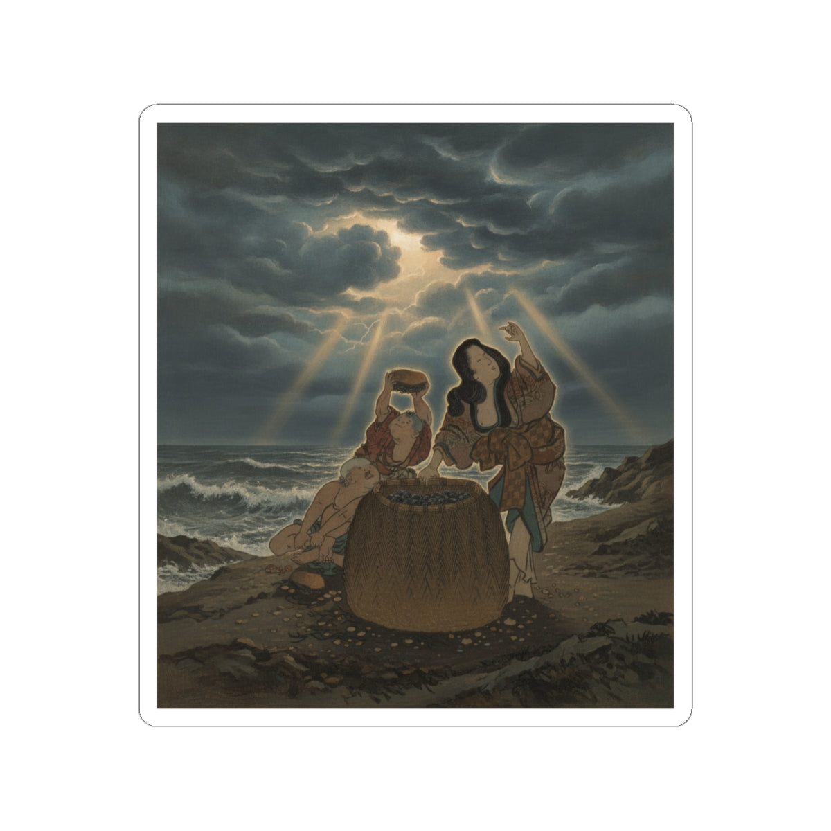 Dramatic Storm — Fisherwoman With A Basket And Two Boys — Kiss-Cut Sticker