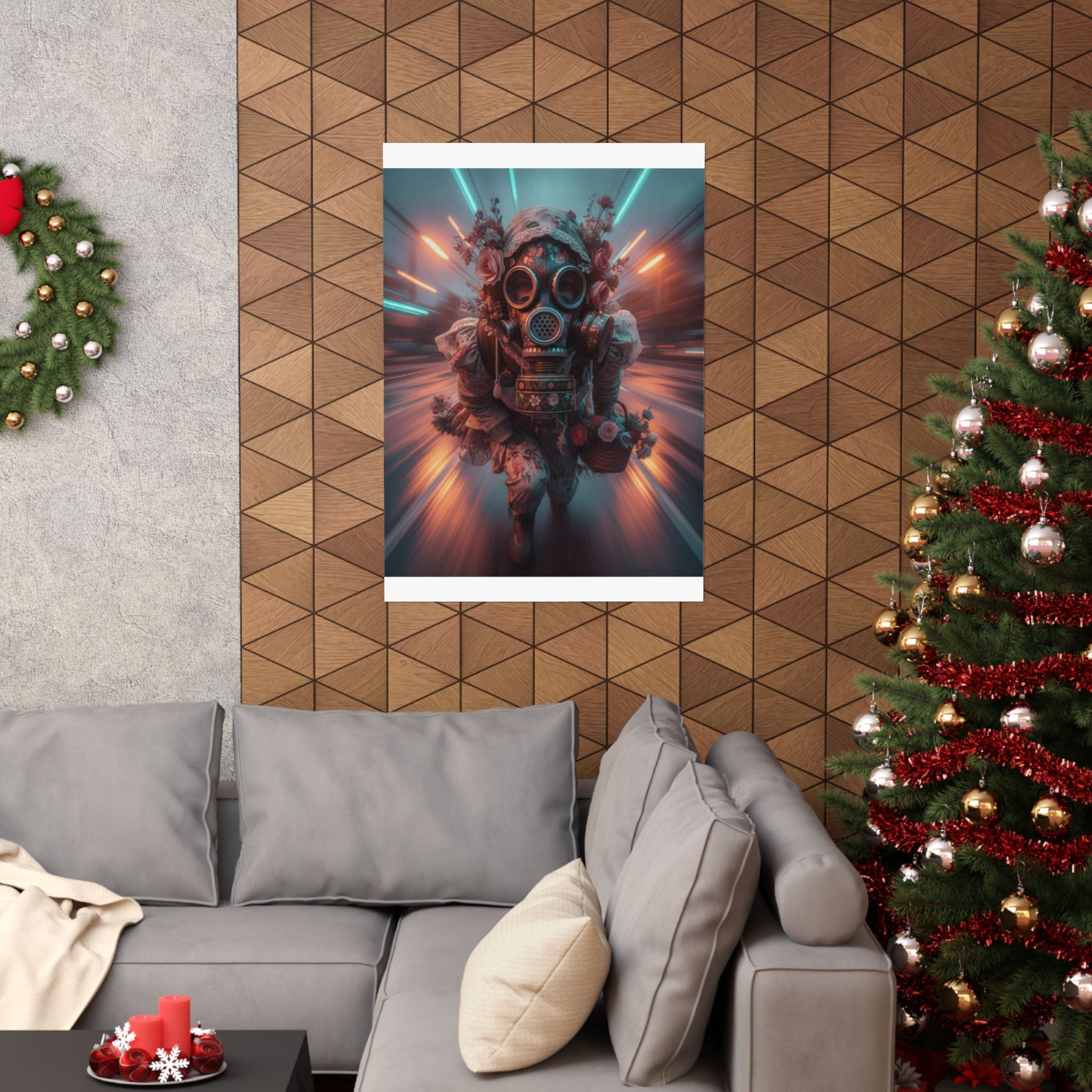Neon Tunnel Rose Gas Mask Post-Apocalyptic Poster
