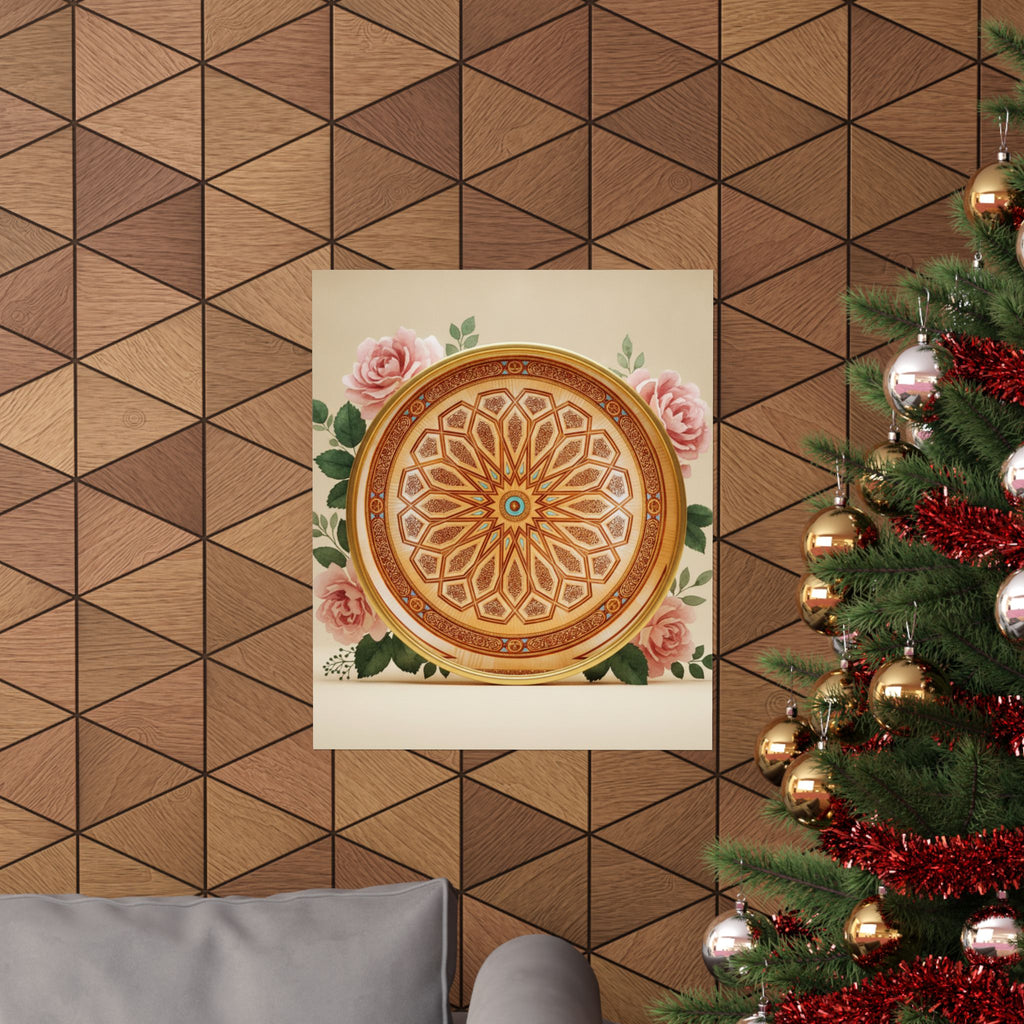 Gilded Moroccan Medallion and Pink Roses Art Poster
