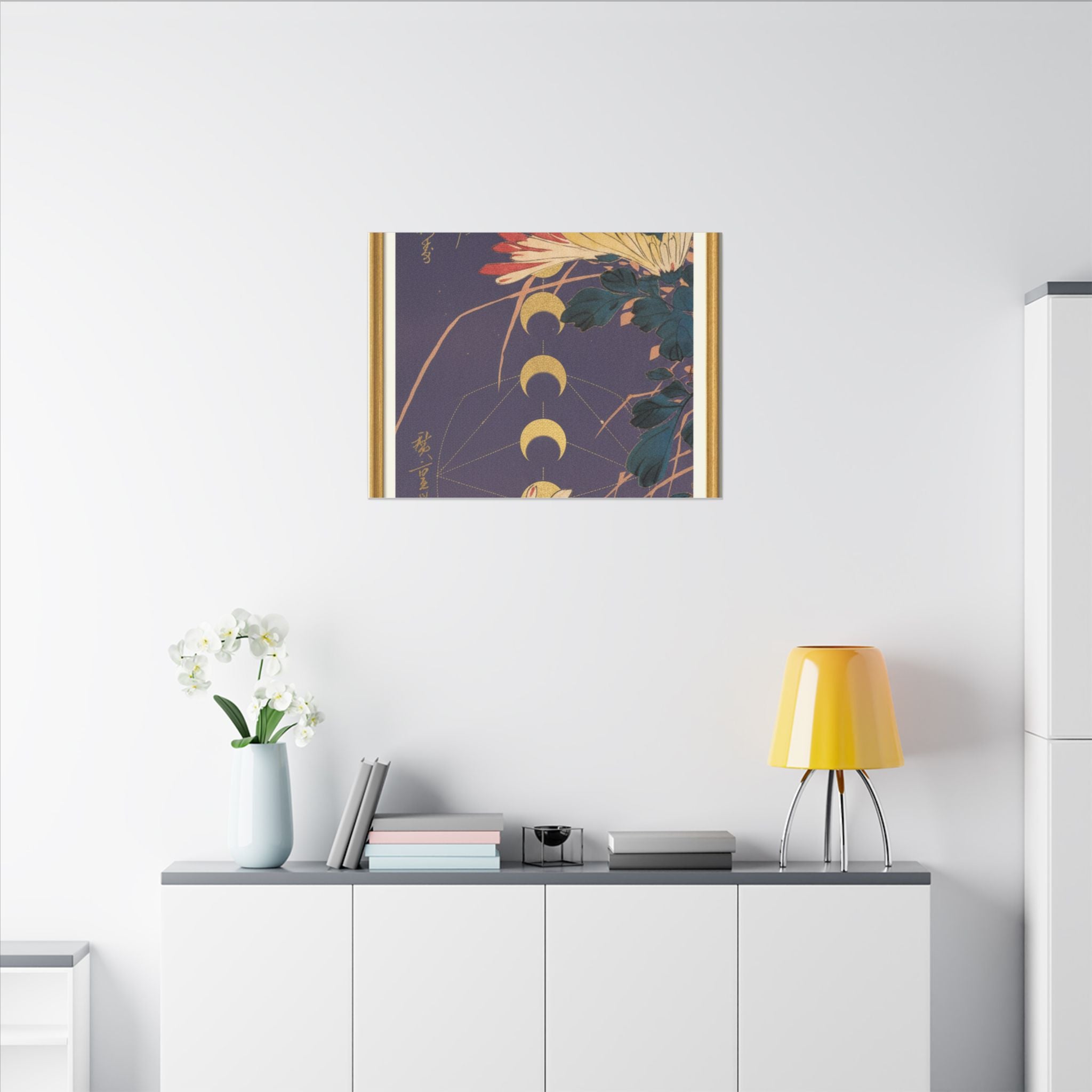 Chrysanthemum and Gold Moon Phases Woodblock Matte Canvas