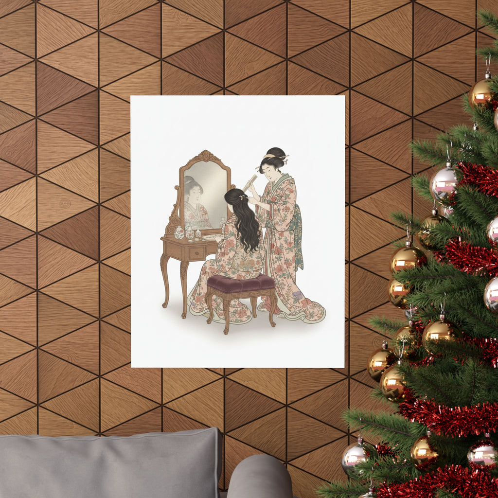 Ecommerce Main — A Woman At Her Toilet Seated Before A Mirror, Having Her Hair Combed By A Kameyu — Matte Poster