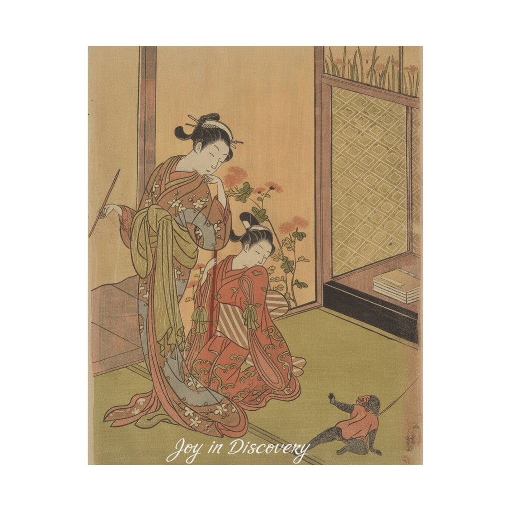 Affirmation — Two Girls Looking At A Monkey On A Leash — Matte Poster
