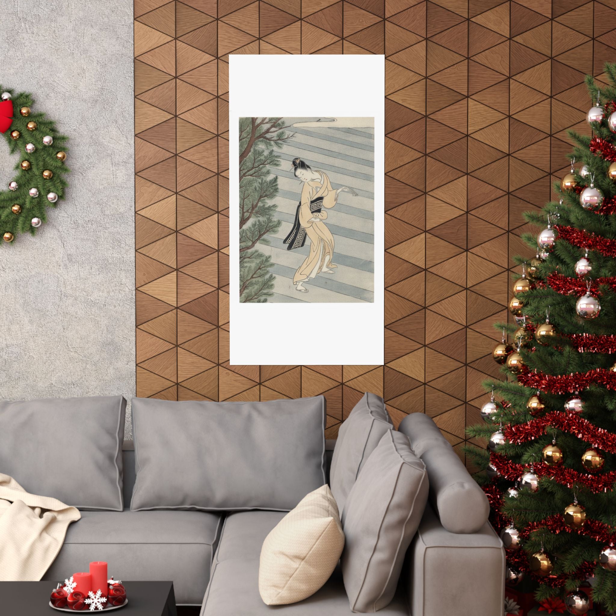 Watercolor — Young Woman Climbing Stone Stairs To A Shinto Temple — Matte Poster