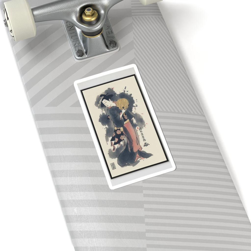 Watercolor — Girl With Fan — Kiss-Cut Sticker