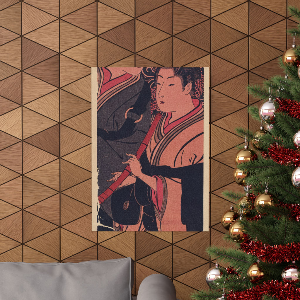 Japanese Street — Two Men, One Playing A Flute — Matte Poster