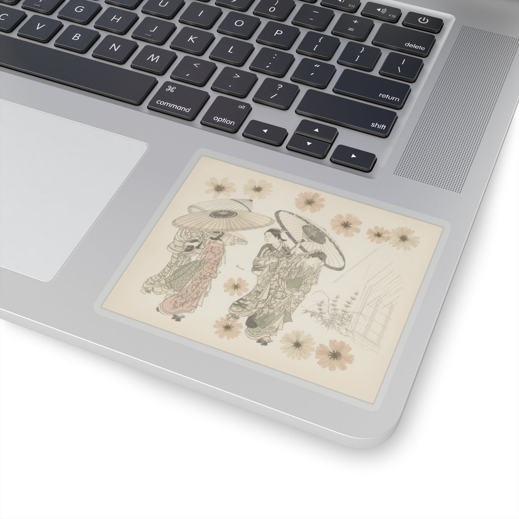 Botanical — A Lady With Three Attendants In The Rain — Kiss-Cut Sticker
