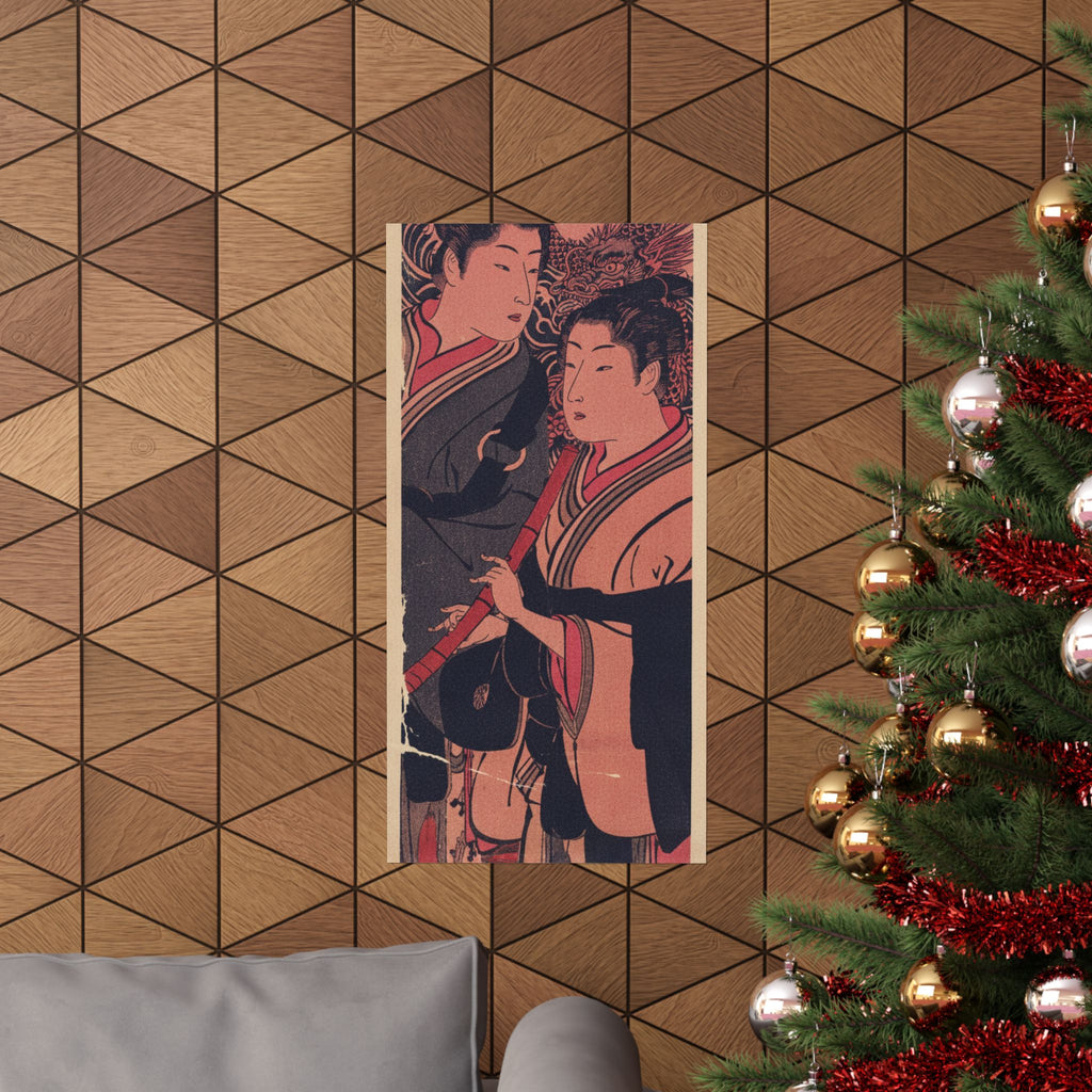 Japanese Street — Two Men, One Playing A Flute — Matte Poster