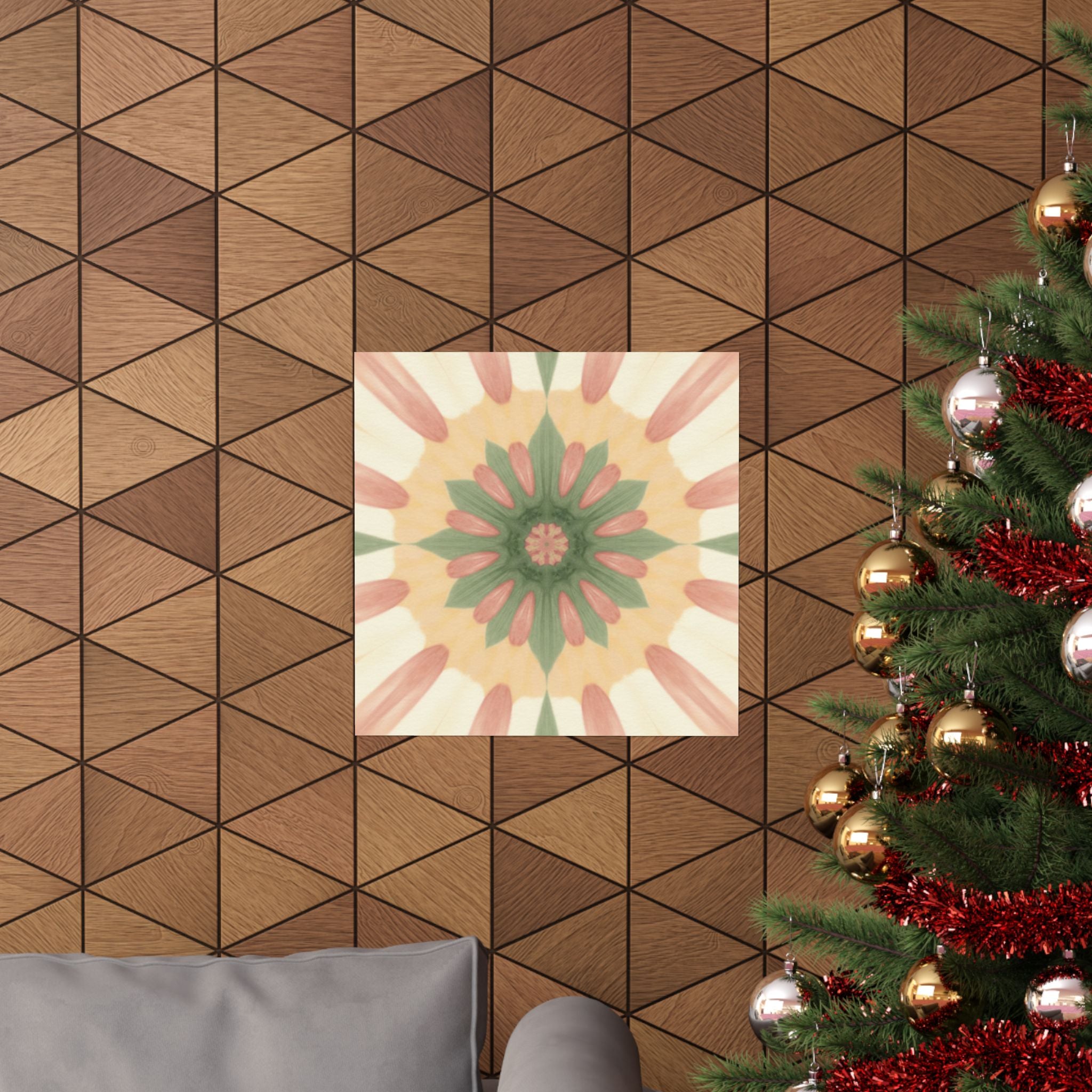 Peach and Sage Floral Kaleidoscope Mandala Poster