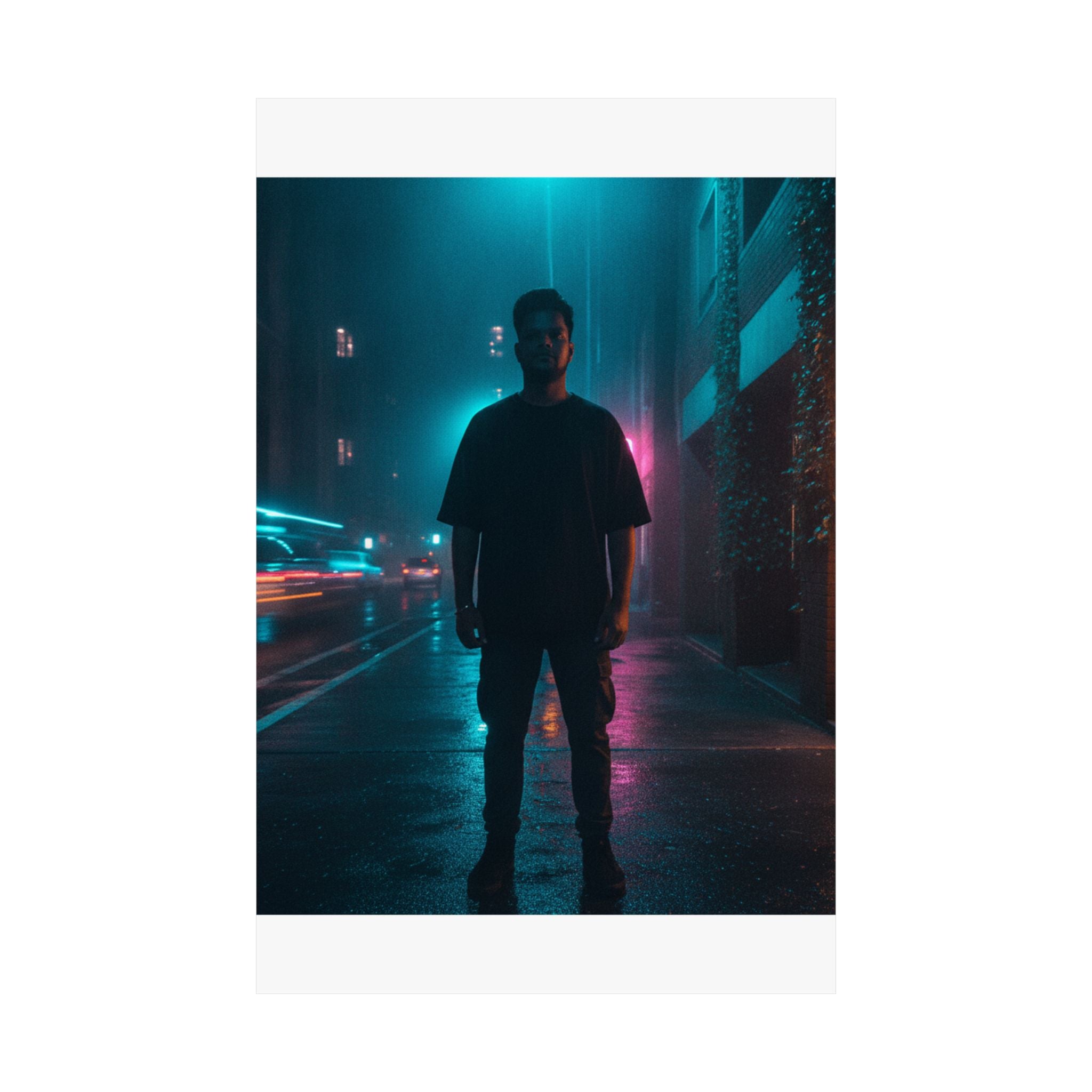 Rainy Neon City Street Silhouette Teal Pink Matte Poster