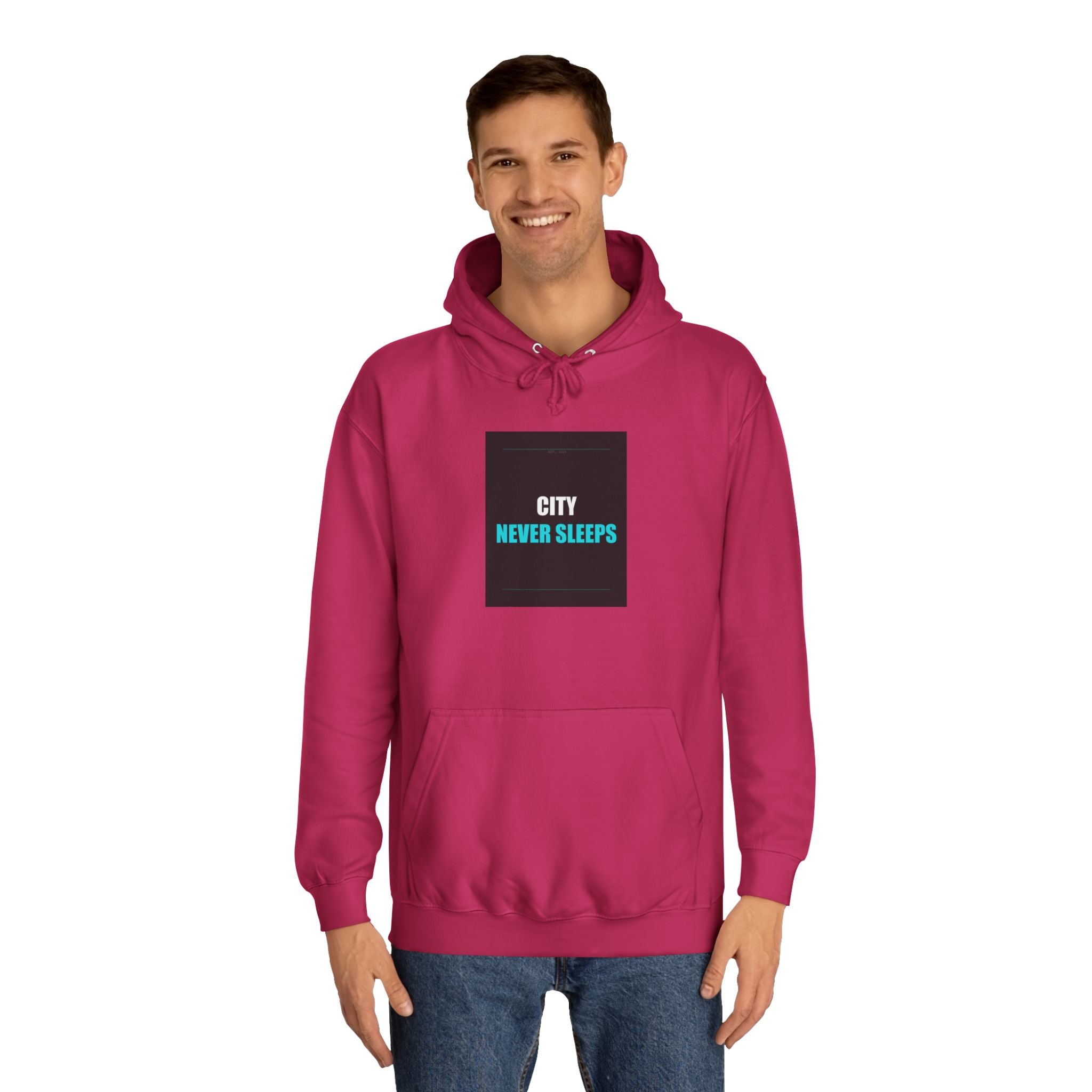 CITY NEVER SLEEPS Cyan Slogan Print Pullover Hoodie