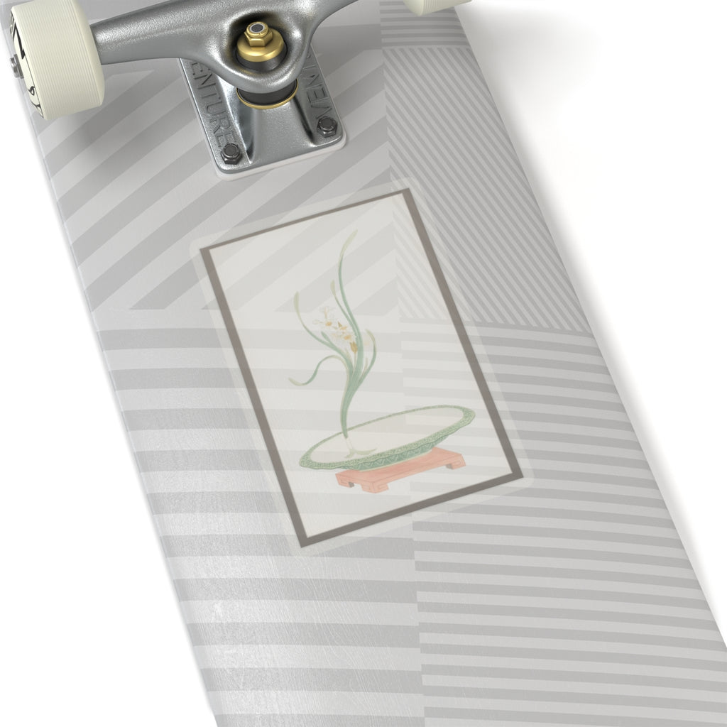 Watercolor — Flower Arrangement Of Suisen (Narcissus) In A Flat Green Dish — Kiss-Cut Sticker
