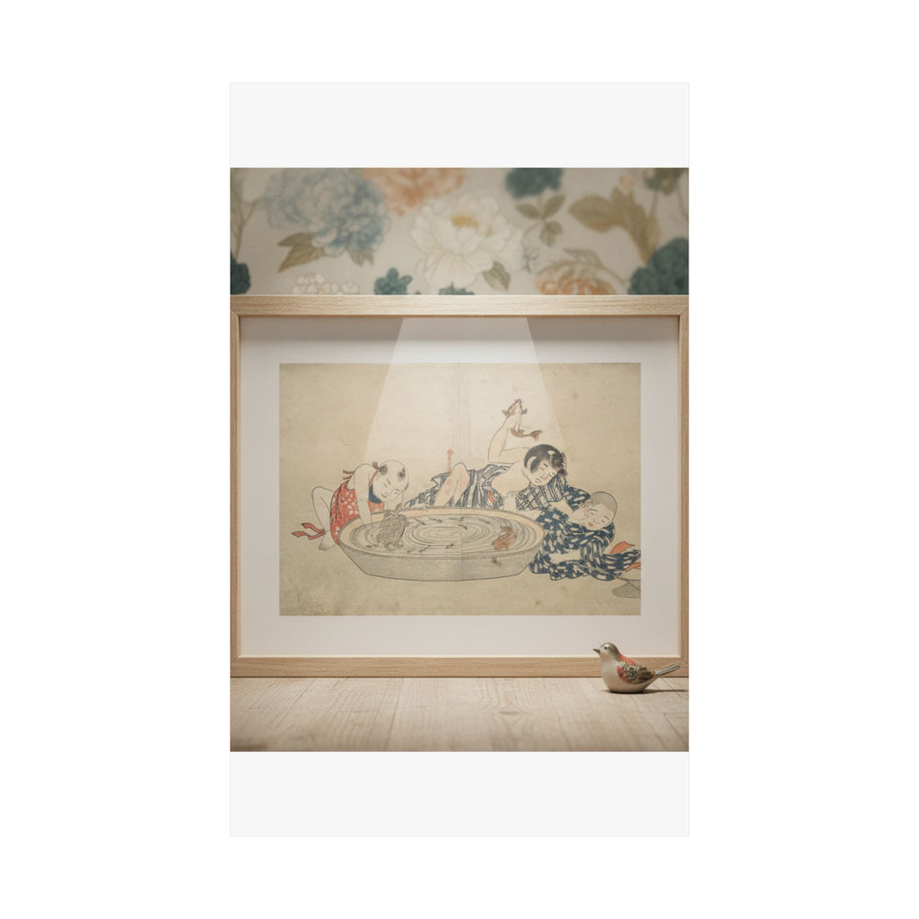Product Marketing — Boys Playing With A Basin Of Fish And Turtles — Matte Poster