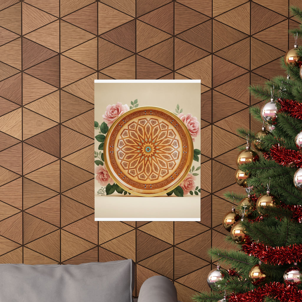 Gilded Moroccan Medallion and Pink Roses Art Poster