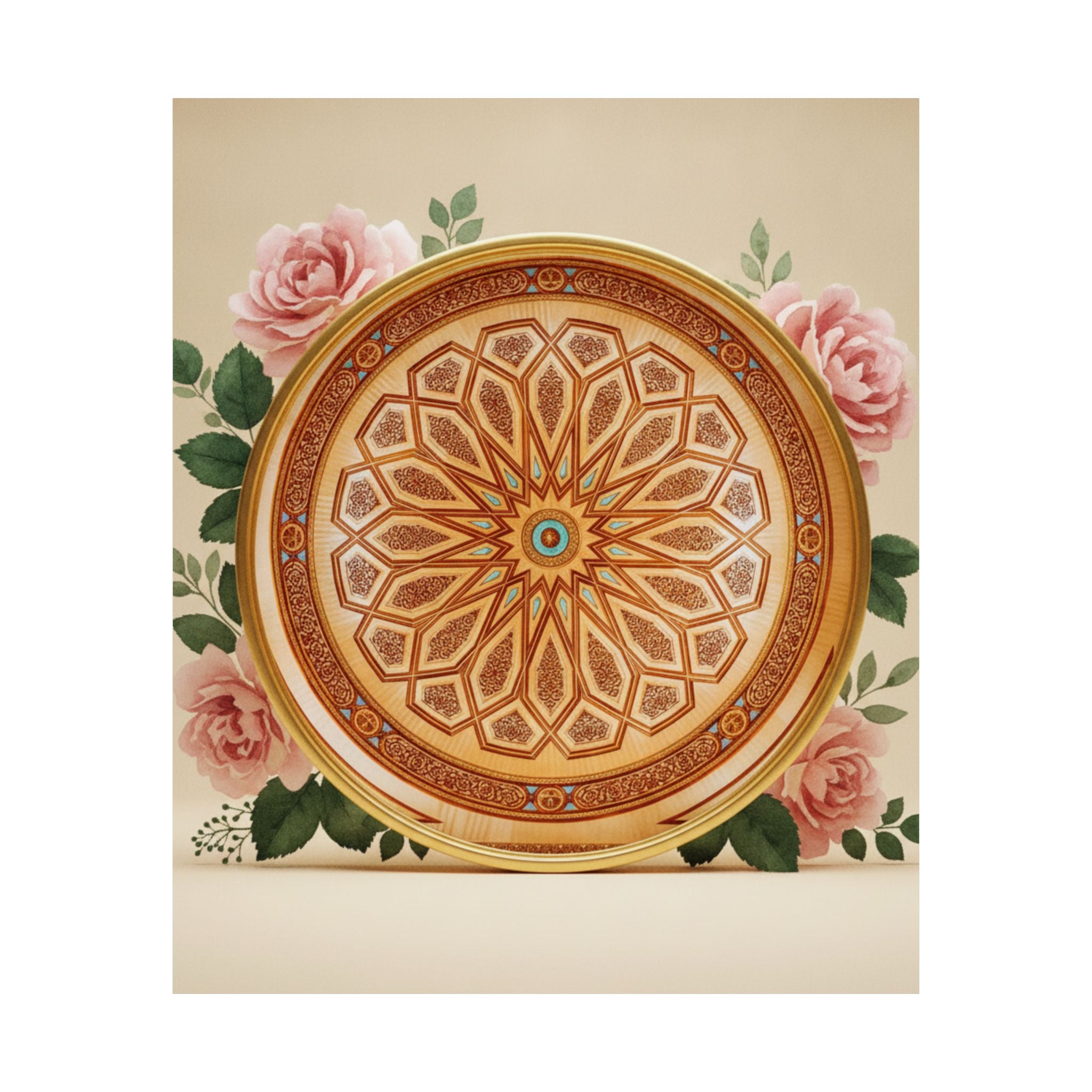 Gilded Moroccan Medallion and Pink Roses Art Poster